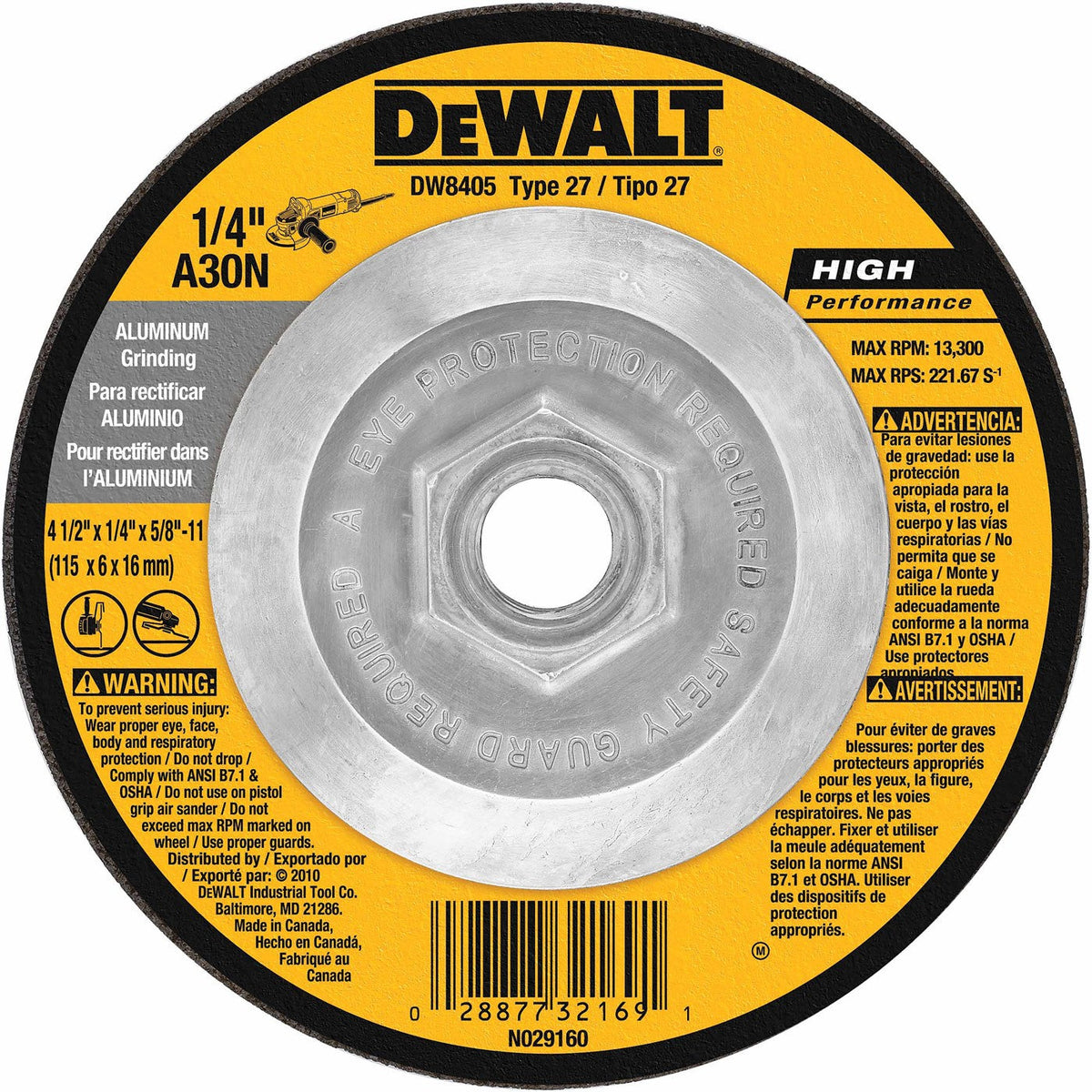 DeWalt DW8405 4-1/2" x 1/4" x 5/8"-11 Aluminum Grinding Wheel