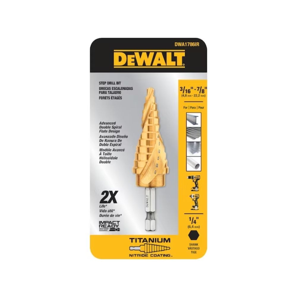 DeWalt DWA1786IR 3/16" - 7/8" 12 Step Titanium Nitride Coating Impact Ready Step Drill Bit