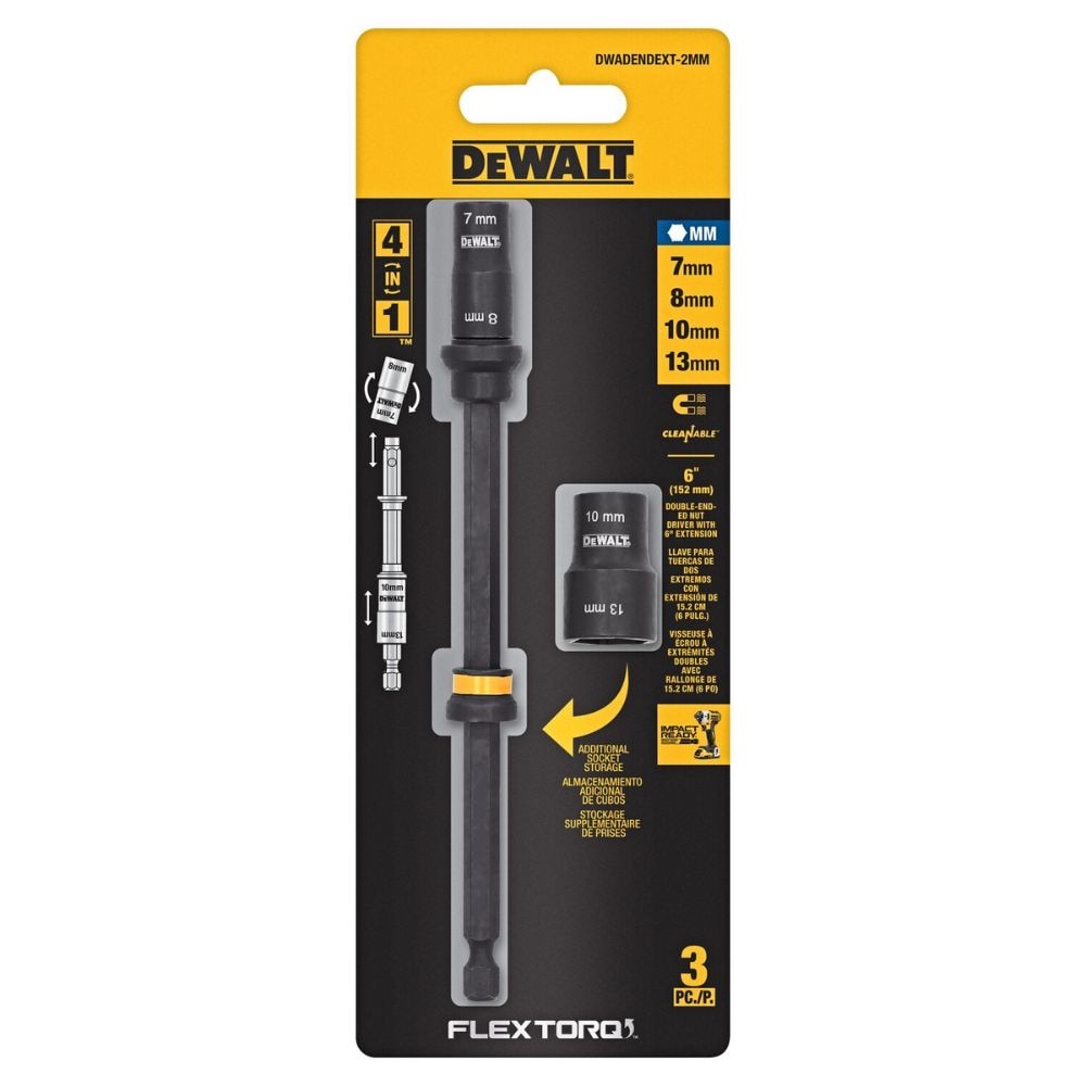 DeWalt DWADENDEXT-2MM 7mm & 8mm Socket, 10mm & 13mm Socket, with 6" Extension