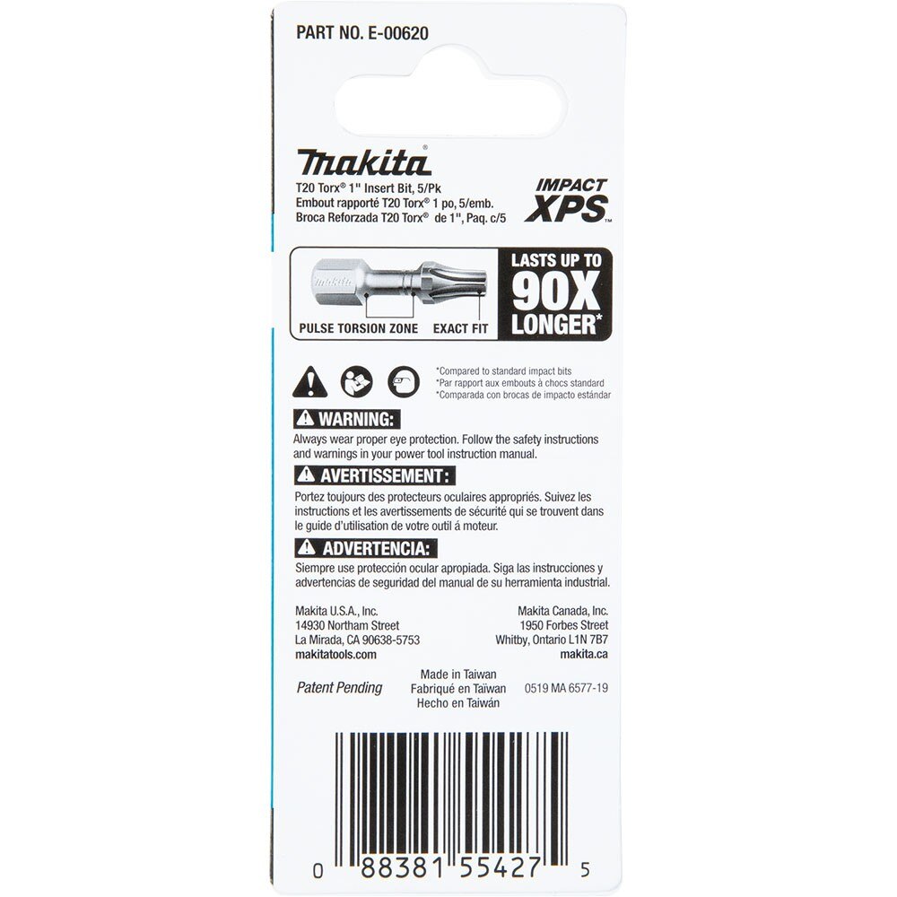 Makita E-00620 Impact XPS T20 Torx 1" Insert Bit, 5 Pack