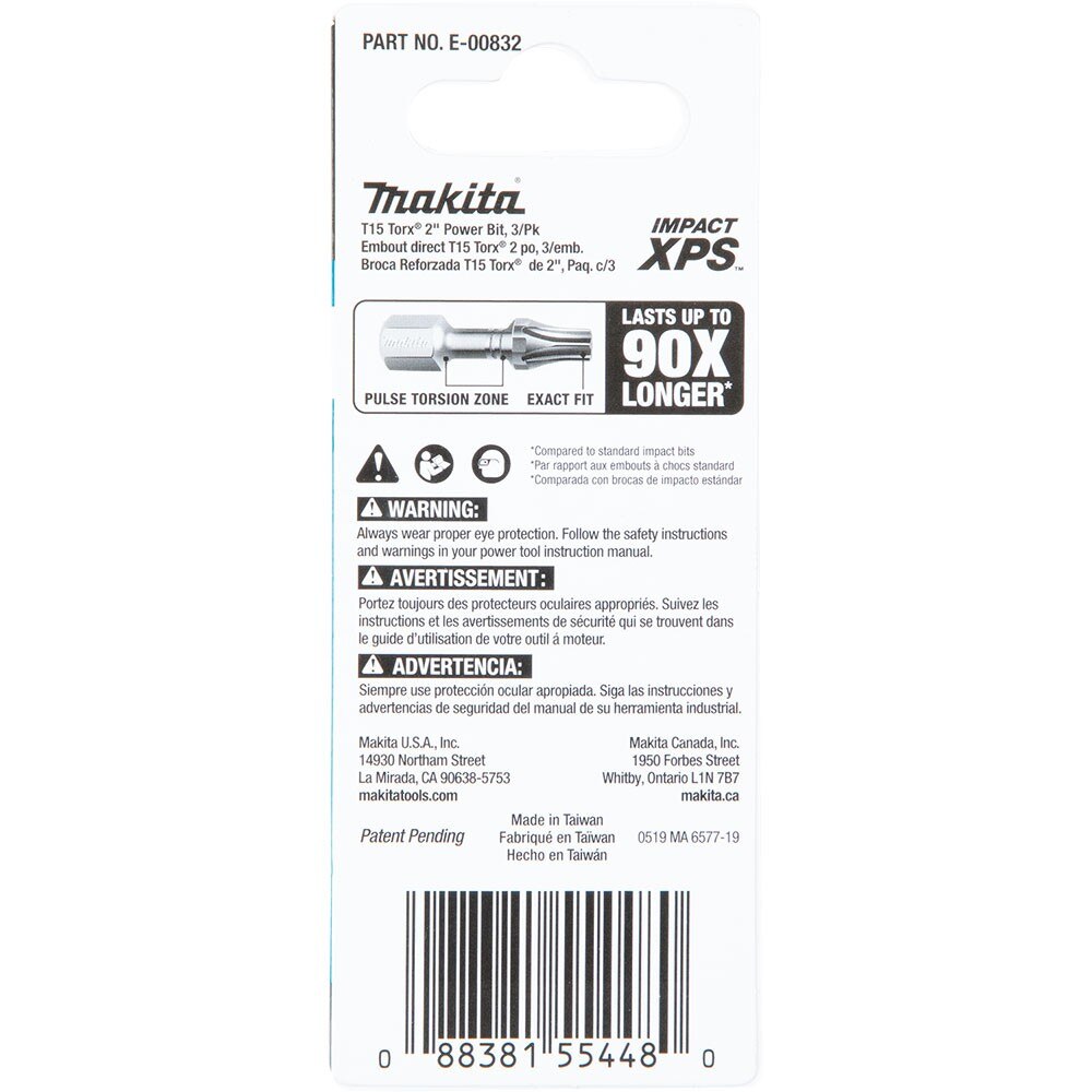 Makita E-00832 Impact XPS T15 Torx 2" Power Bit, 3 Pack