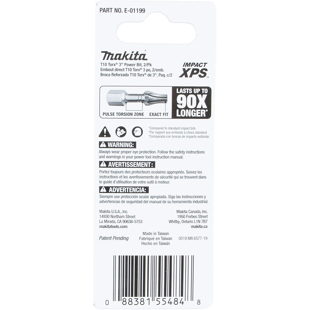 Makita E-01199 Impact XPS T10 Torx 3" Power Bit, 2 Pack