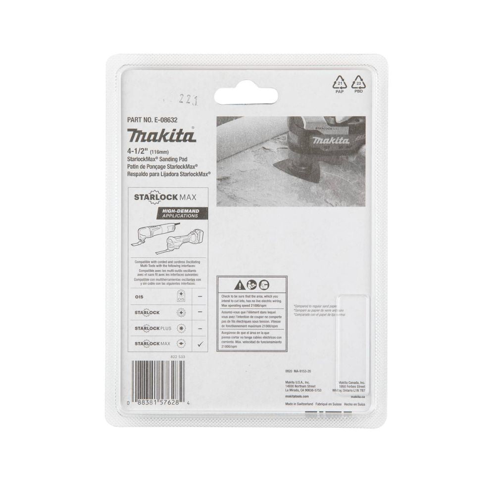 Makita E-08632 StarlockMax Oscillating Multi-Tool 4-1/2" Tungsten Carbide 20 Grit Delta Triangle Sanding Pad