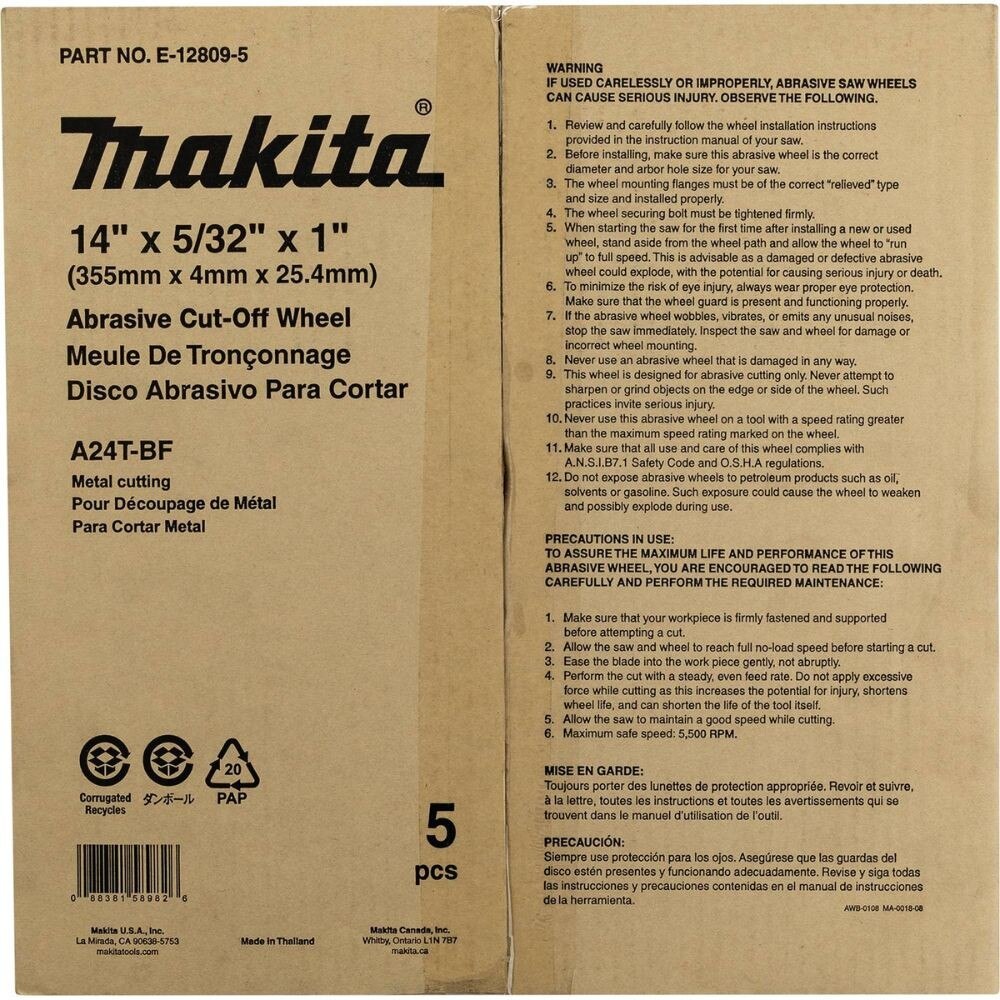 Makita E-12809-5 14" x 5/32" x 1" Abrasive Cut Off Wheel, 5/pk
