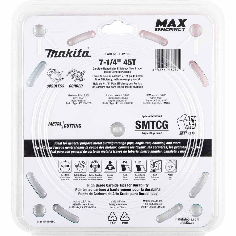 Makita E-12815 7-1/4" 45T Carbide-Tipped Max Efficiency Saw Blade, Metal/General Purpose