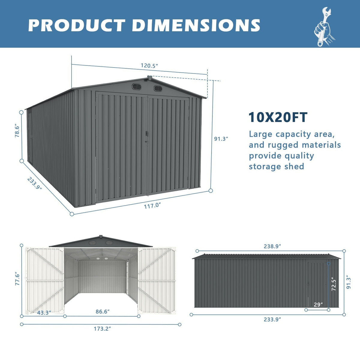 10FT x 20FT Metal Shed with Double Front Doors & Side Entry Door