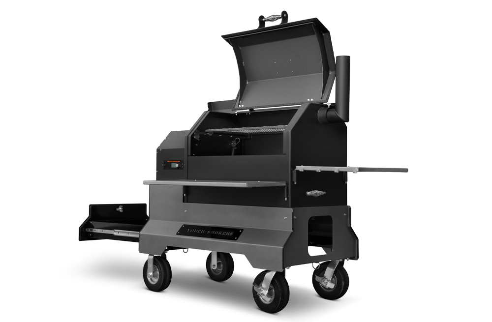 Yoder Smokers YS640s Pellet Grill on Competition Cart w/ Storage Drawer (Black) + T-Stat Door Kit & Stainless Side Shelves