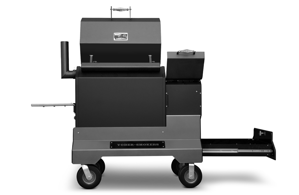 Yoder Smokers YS640s Pellet Grill on Competition Cart w/ Storage Drawer (Black) + T-Stat Door Kit & Stainless Side Shelves