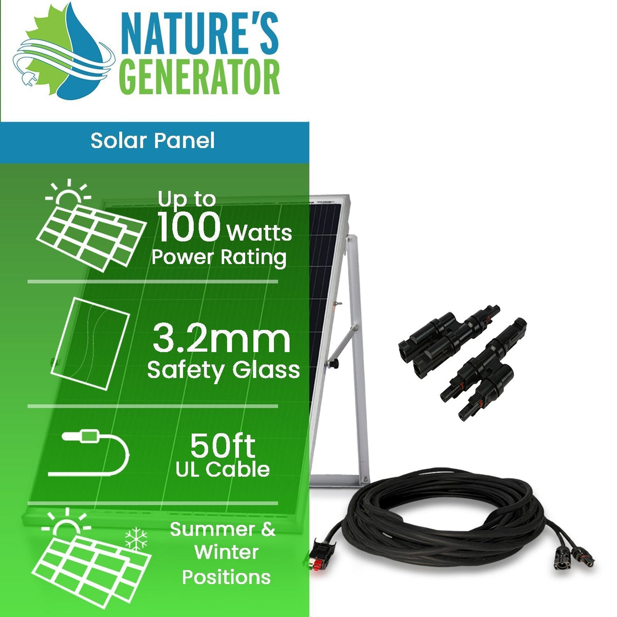 Nature's Generator Power Panel with 50 foot cable and MC4 Branch Connector