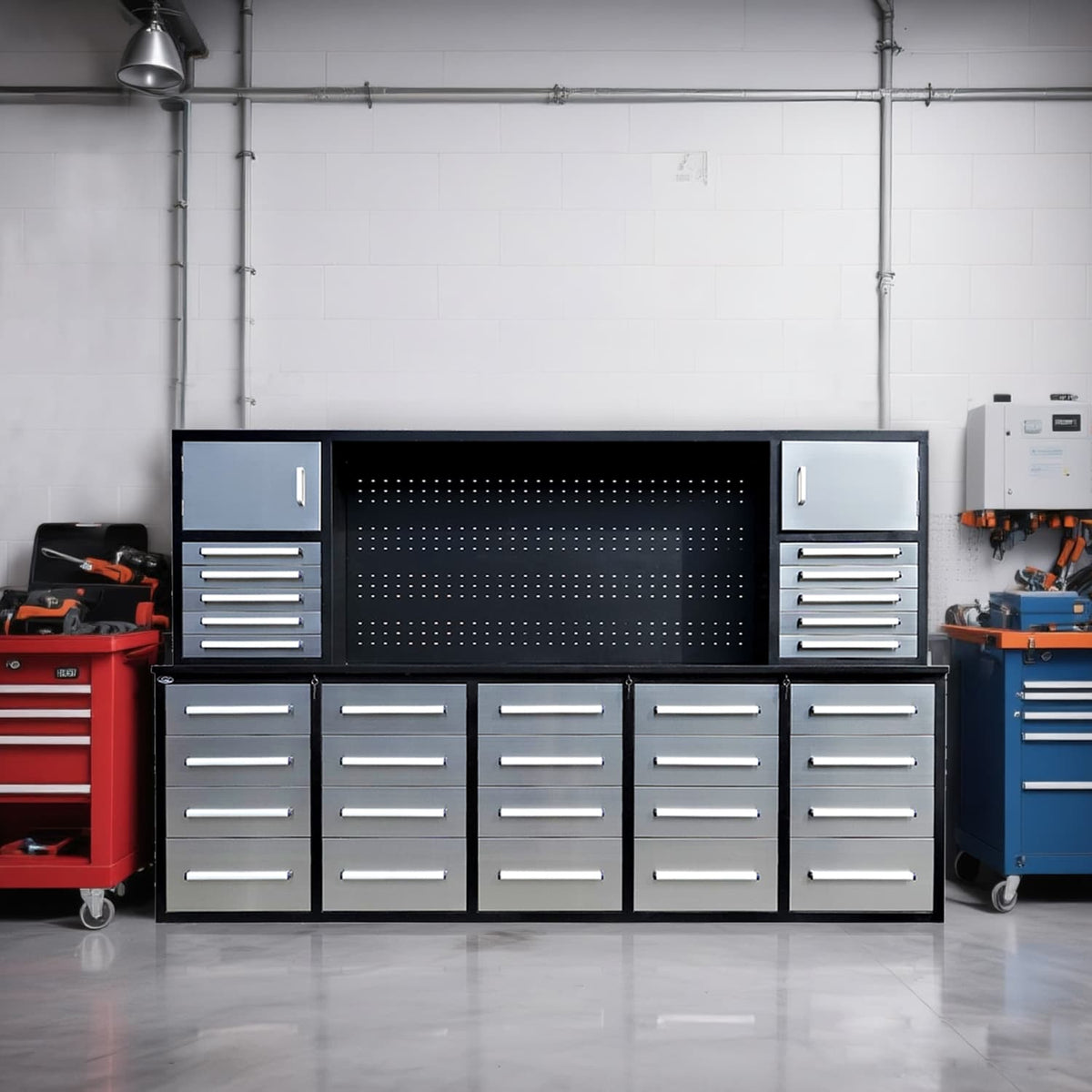 10ft Workbench Cabinet(30 Drawers, 2 Cabinets & 1 Pegboard)
