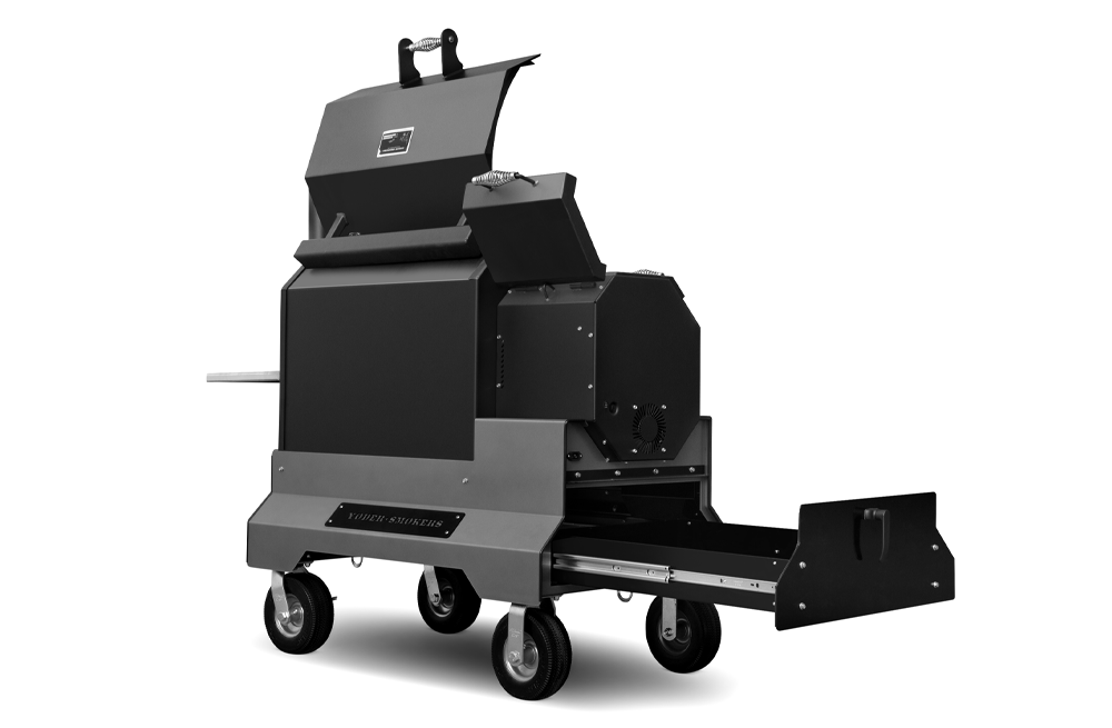 Yoder Smokers YS640s Pellet Grill on Competition Cart w/ Storage Drawer (Black) + T-Stat Door Kit & Stainless Side Shelves