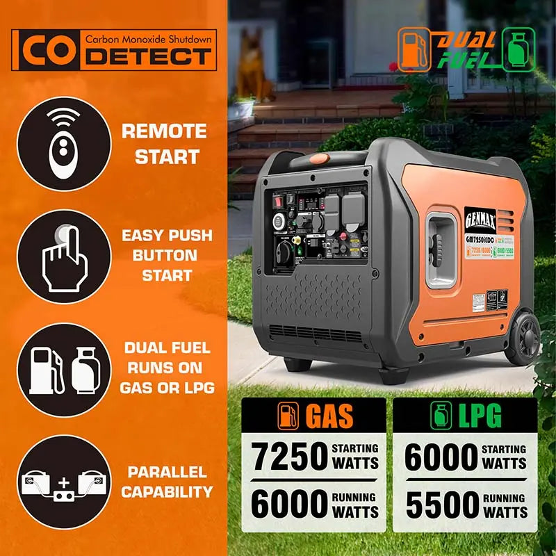 Genmax GM7250iEDC Portable Inverter Generator, 7250W Super Quiet Dual Fuel Portable Engine with Parallel Capability, EPA &CARB Compliant