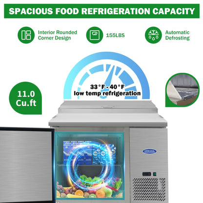 44" Commercial Pizza Prep Table With Built-In 11 Cu.Ft. Refrigerator