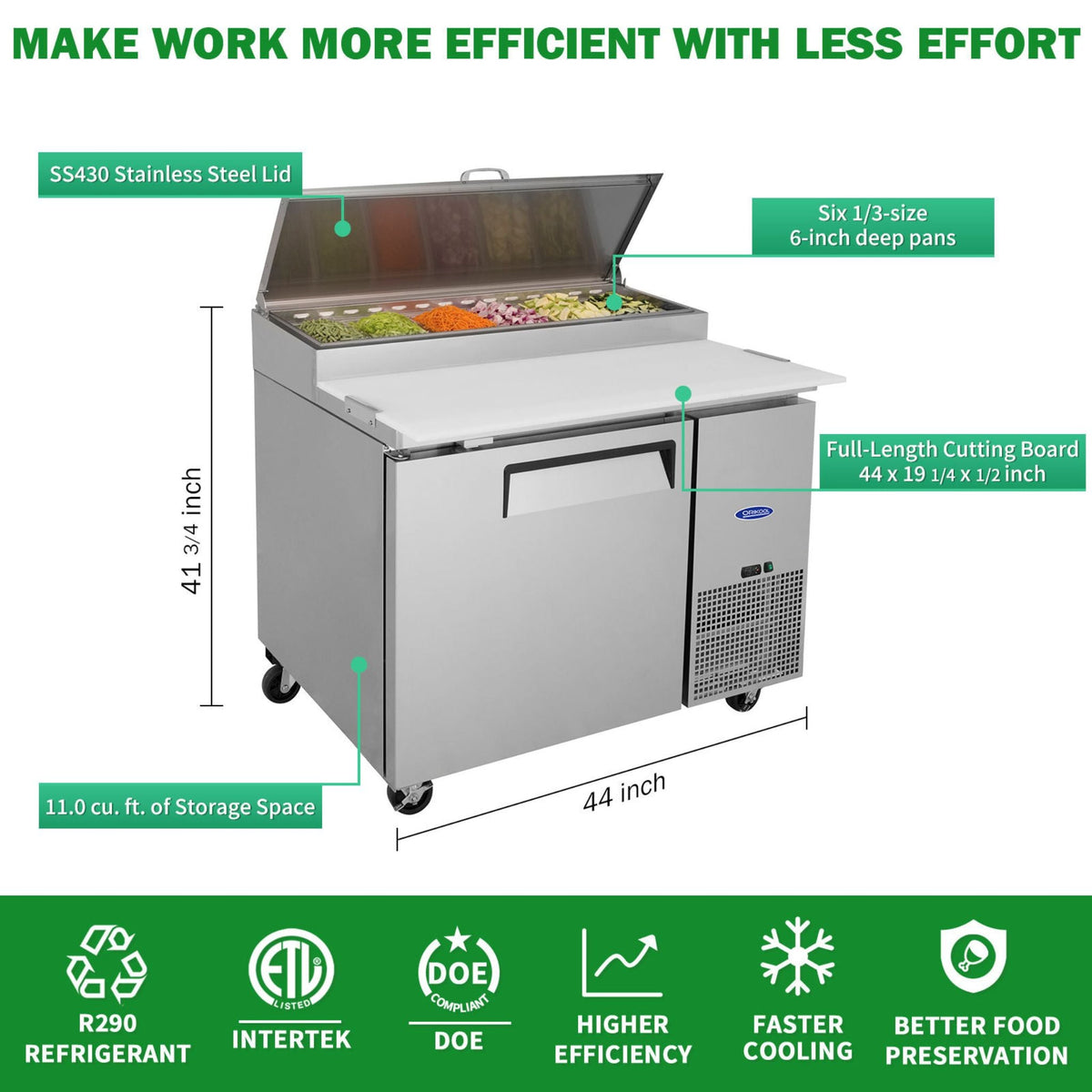 44" Commercial Pizza Prep Table With Built-In 11 Cu.Ft. Refrigerator