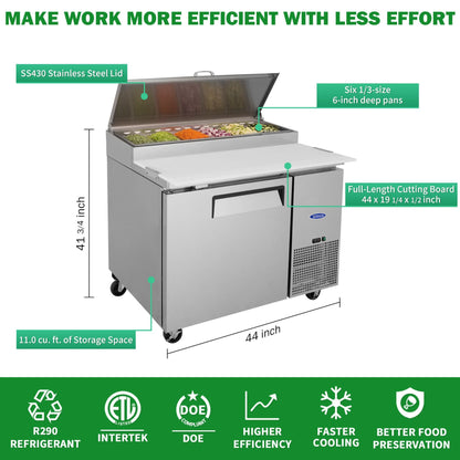 44" Commercial Pizza Prep Table With Built-In 11 Cu.Ft. Refrigerator