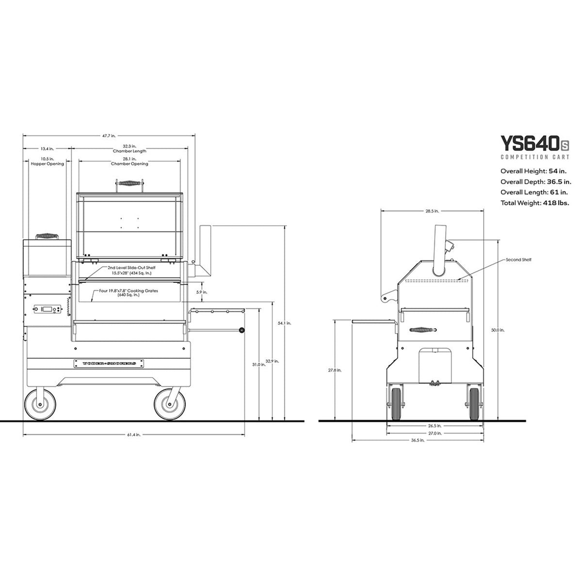 Yoder Smokers YS640s Pellet Grill on Competition Cart (Silver) + T-Stat Door Kit & Stainless Side Shelves