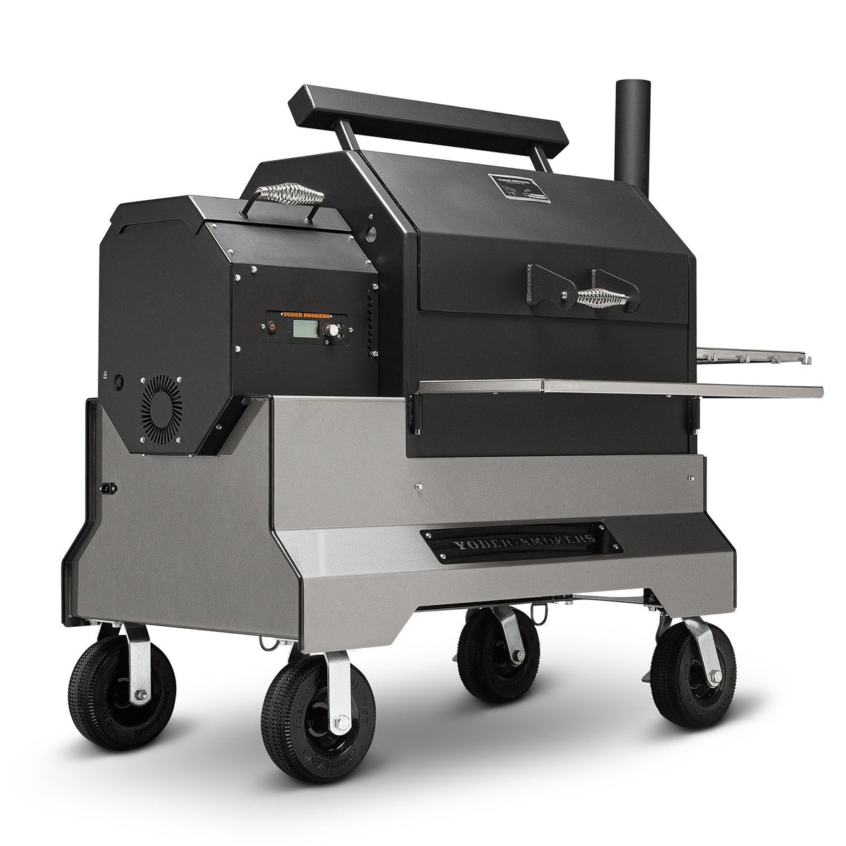 Yoder Smokers YS640s Pellet Grill on Competition Cart (Silver) + T-Stat Door Kit & Stainless Side Shelves