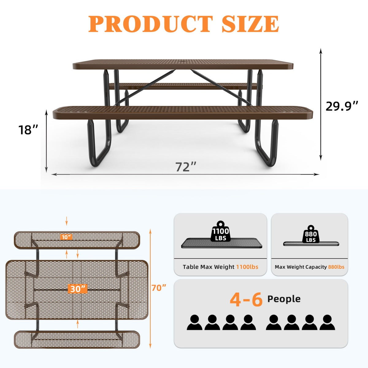 6 ft Metal Picnic Tables for Outdoors, Rectangle Coated Steel Patio Furniture Set