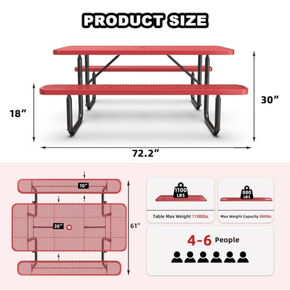 6 ft Metal Picnic Tables for Outdoors, Rectangle Coated Steel Patio Furniture Set