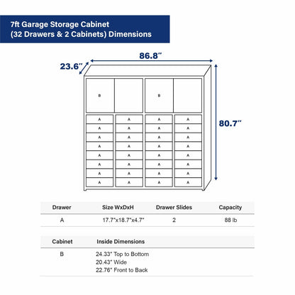7ft Garage Storage Cabinet (32 Drawers & 2 Cabinets)