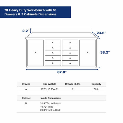 7ft Heavy Duty Workbench with 10 Drawers & 2 Cabinets