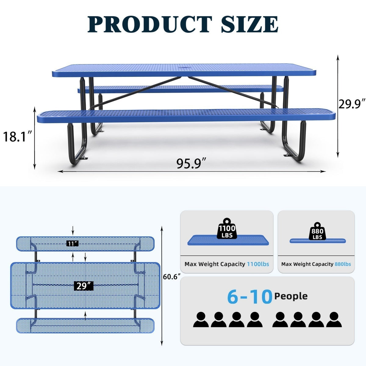 8ft Rectangle Picnic Table with Umbrella Hole