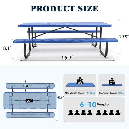 8ft Rectangle Picnic Table with Umbrella Hole