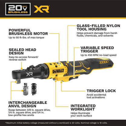 DeWalt DCF520B 20V MAX XR Brushless Cordless Sealed Head Ratchet 1/4" and 3/8" Tool Only