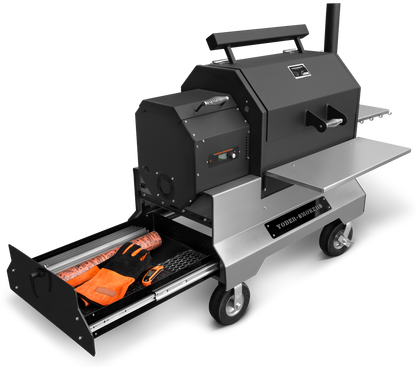 Yoder Smokers YS640s Pellet Grill on Competition Cart w/ Storage Drawer (Black) + T-Stat Door Kit & Stainless Side Shelves