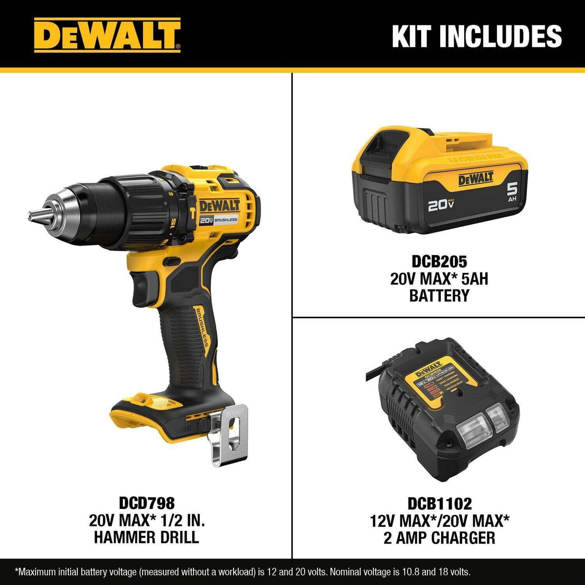 DeWalt DCD798P1 20V MAX 1/2 in. Brushless Hammer Drill Kit with 5Ah Battery and Charger (1 Kit)