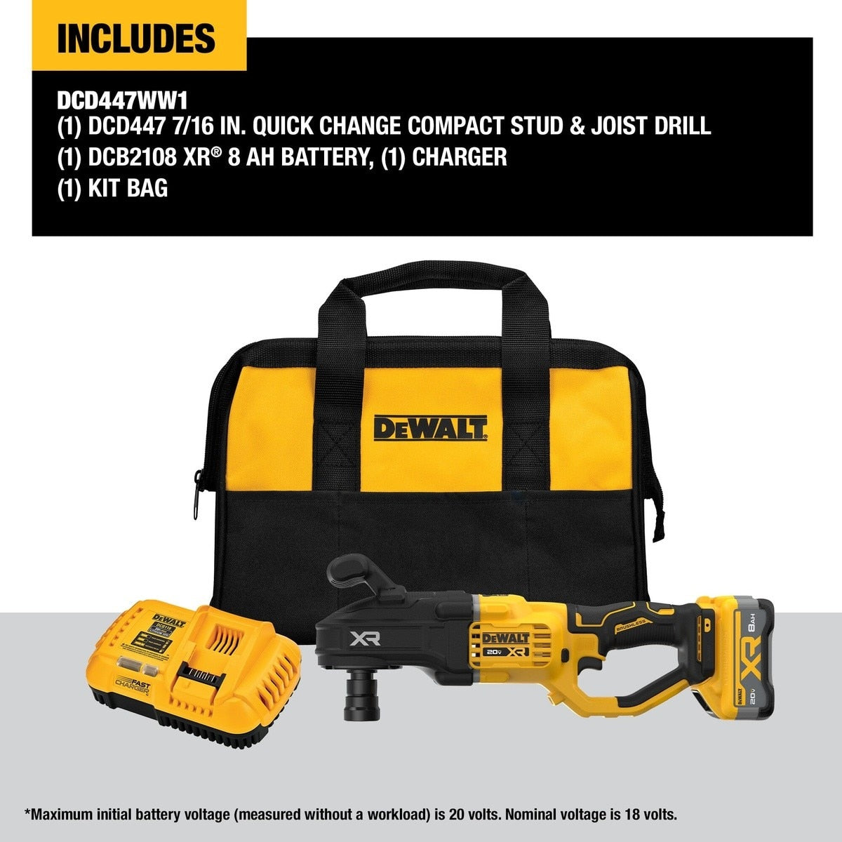 DeWalt DCD447WW1 20V Max* XR Brushless Cordless 7/16" Quick Change Compact Stud & Joist Drill Kit with XR POWERPACK
