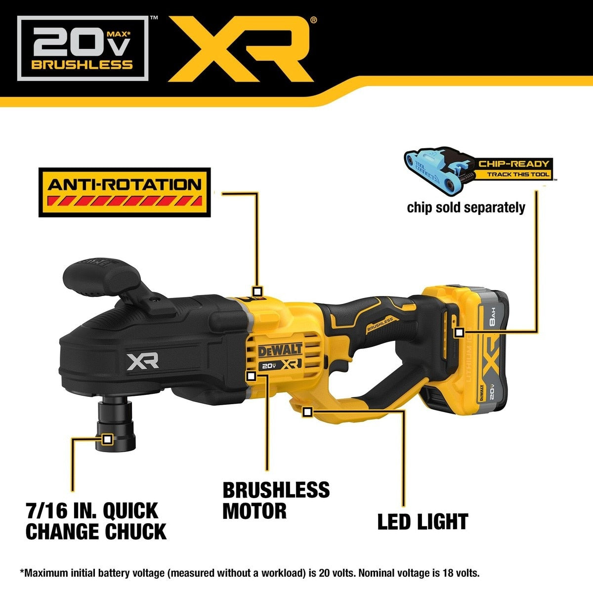 DeWalt DCD447WW1 20V Max* XR Brushless Cordless 7/16" Quick Change Compact Stud & Joist Drill Kit with XR POWERPACK