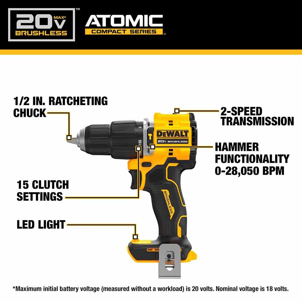 DeWalt DCD799B ATOMIC COMPACT SERIES 20V MAX Brushless Cordless 1/2 in. Hammer Drill (Tool Only)