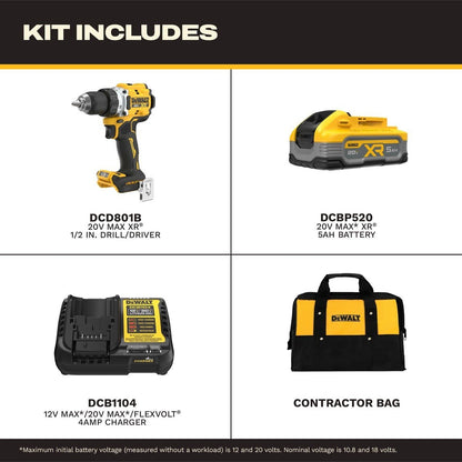DeWalt DCD801H1 20V MAX XR 1-2" Brushless Cordless Drill Driver Kit with 5Ah POWERSTACK Battery (1 Battery)