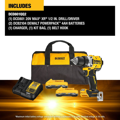 DeWalt DCD801QQ2 20V MAX XR Brushless Cordless 1/2 in. Drill/Driver Kit with POWERPACK Batteries
