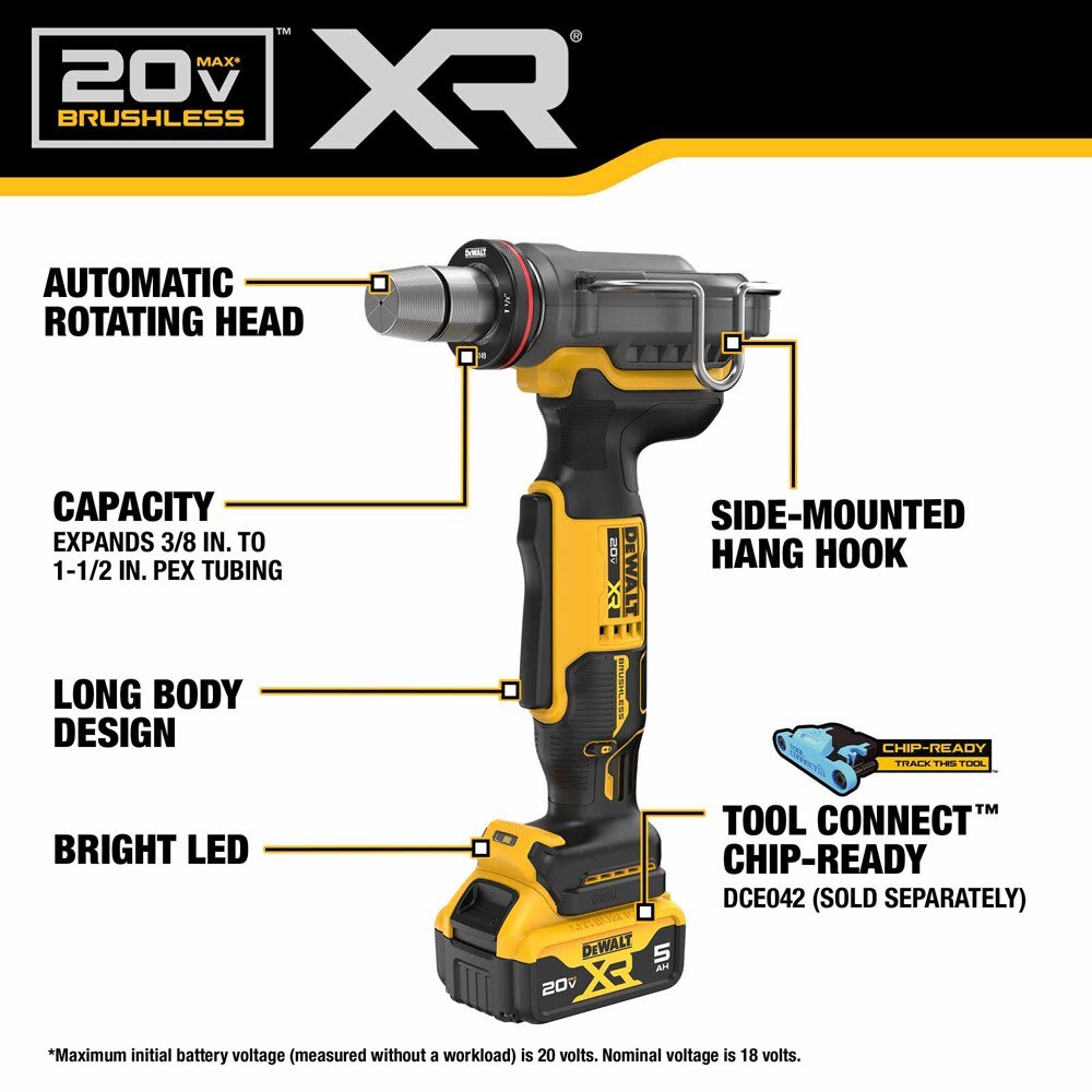 DeWalt DCE410P1 20V Max*XR Pex Expander Kit , with 1",1-1/4",1-1/2" Expander Heads , DCB205 Battery , Charger , Case