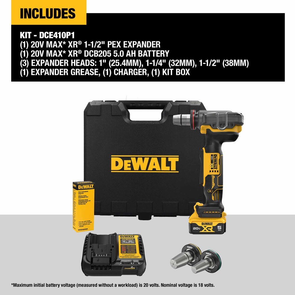 DeWalt DCE410P1 20V Max*XR Pex Expander Kit , with 1",1-1/4",1-1/2" Expander Heads , DCB205 Battery , Charger , Case