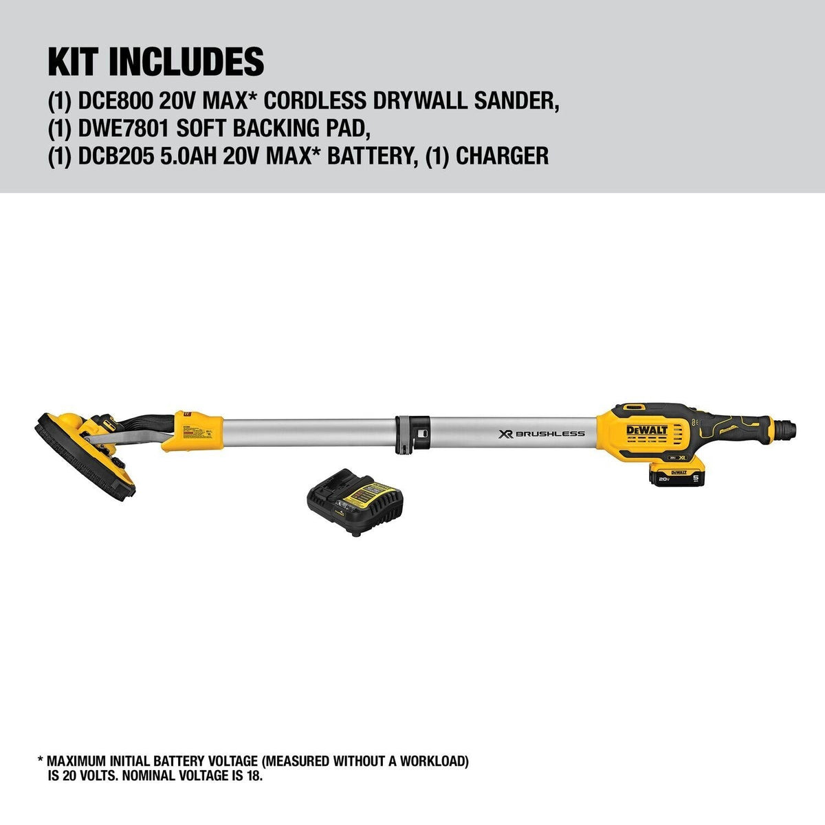 DeWalt DCE800P1 20V Max Brushless Cordless Drywall Sander Kit with Telescoping Shaft and Wireless Tool Control (5Ah Battery, Charger)