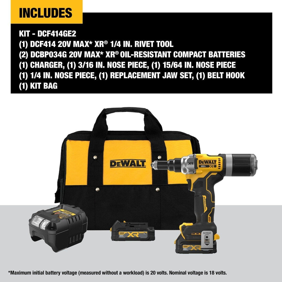 DeWalt DCF414GE2 20V MAX* XR Brushless Cordless 1/4" Rivet Tool Kit with POWERSTACK