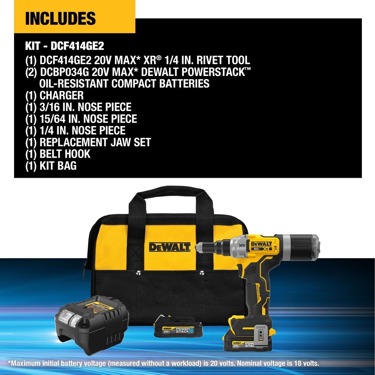 DeWalt DCF414GE2 20V MAX* XR Brushless Cordless 1/4" Rivet Tool Kit with POWERSTACK