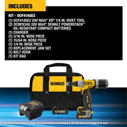 DeWalt DCF414GE2 20V MAX* XR Brushless Cordless 1/4" Rivet Tool Kit with POWERSTACK