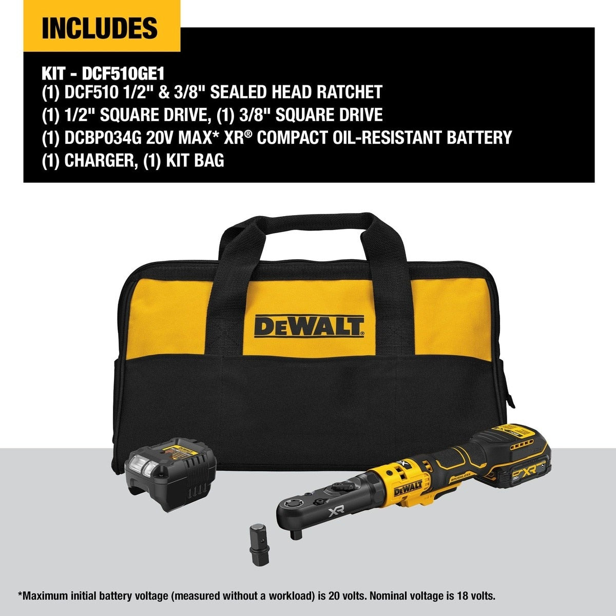 DeWalt DCF510GE1 20V MAX* XR 3/8" and 1/2" Sealed Head Ratchet Kit with POWERSTACK