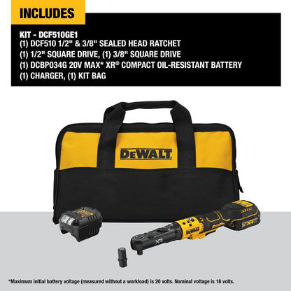DeWalt DCF510GE1 20V MAX* XR 3/8" and 1/2" Sealed Head Ratchet Kit with POWERSTACK