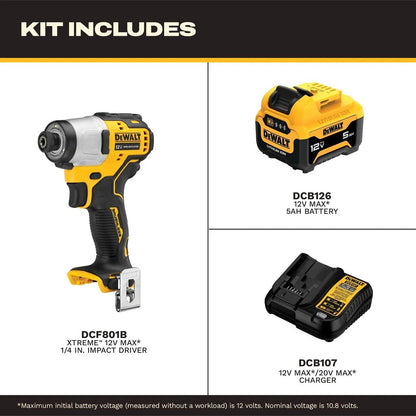 DeWalt DCF801J1 12V MAX XTREME Brushless 1/4" Impact Driver Kit with 5Ah Battery and Charger