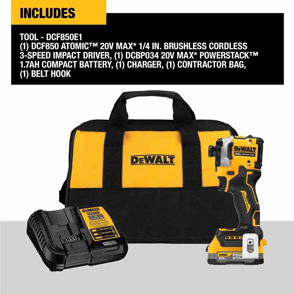 DeWalt DCF850E1 20V Max Atomic 1/4" Brushless Cordless 3-Speed Impact Driver Kit