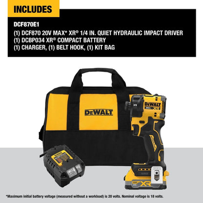 DeWalt DCF870E1 20V MAX XR Brushless Cordless 1/4 in. Quiet Hydraulic Impact Driver Kit