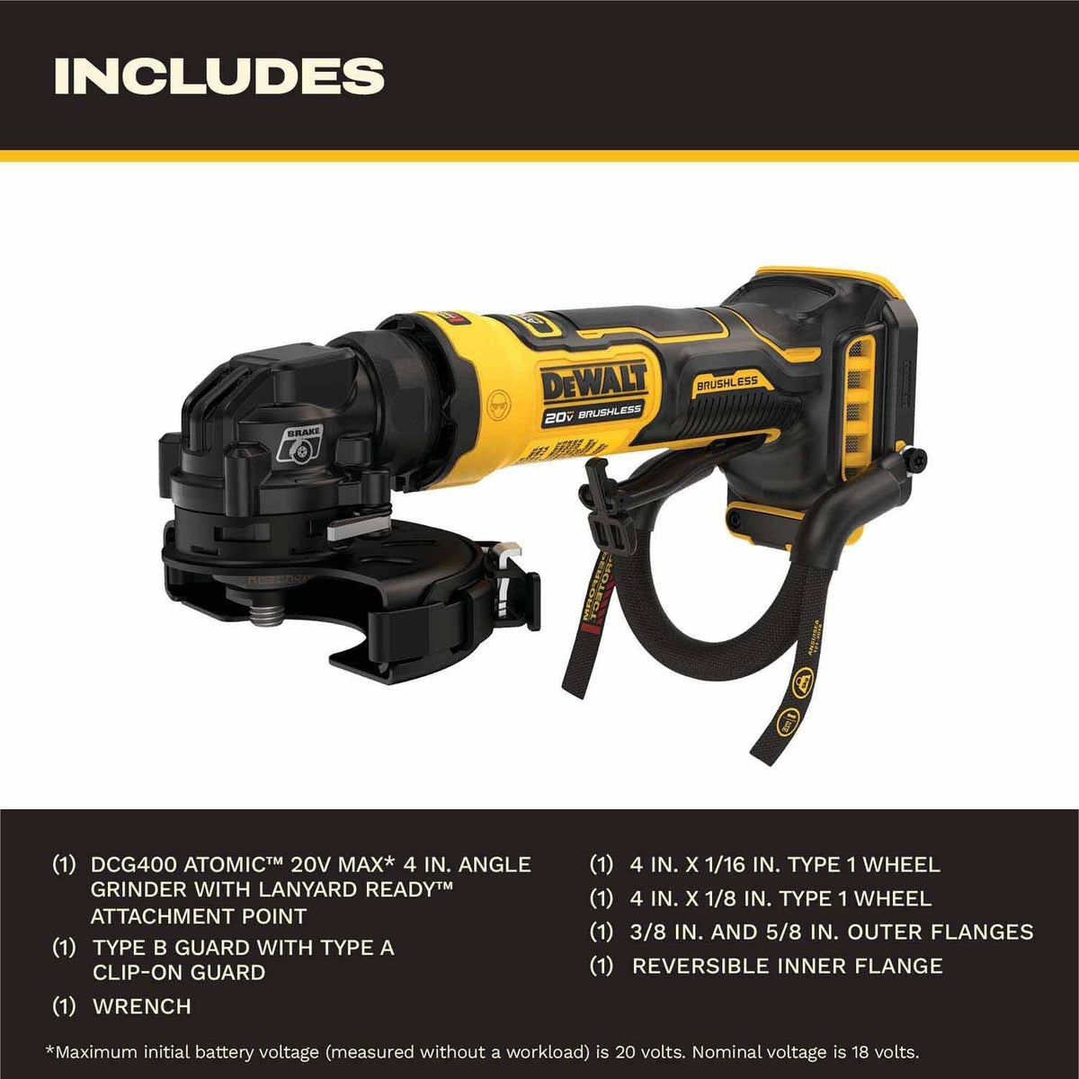 DeWalt DCG400BLR ATOMIC 20V MAX* 4 in. Angle Grinder with Lanyard Ready Attachment Point (Tool Only)