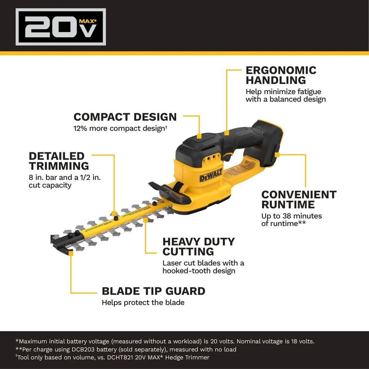DeWalt DCHT823B 20V MAX 8" Compact Hedge Trimmer with 1/2" Cut Capacity Tool Only