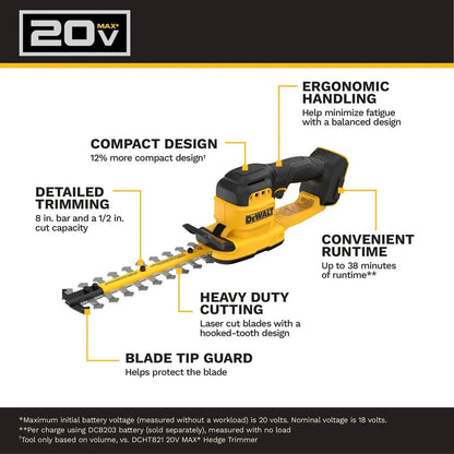DeWalt DCHT823B 20V MAX 8" Compact Hedge Trimmer with 1/2" Cut Capacity Tool Only