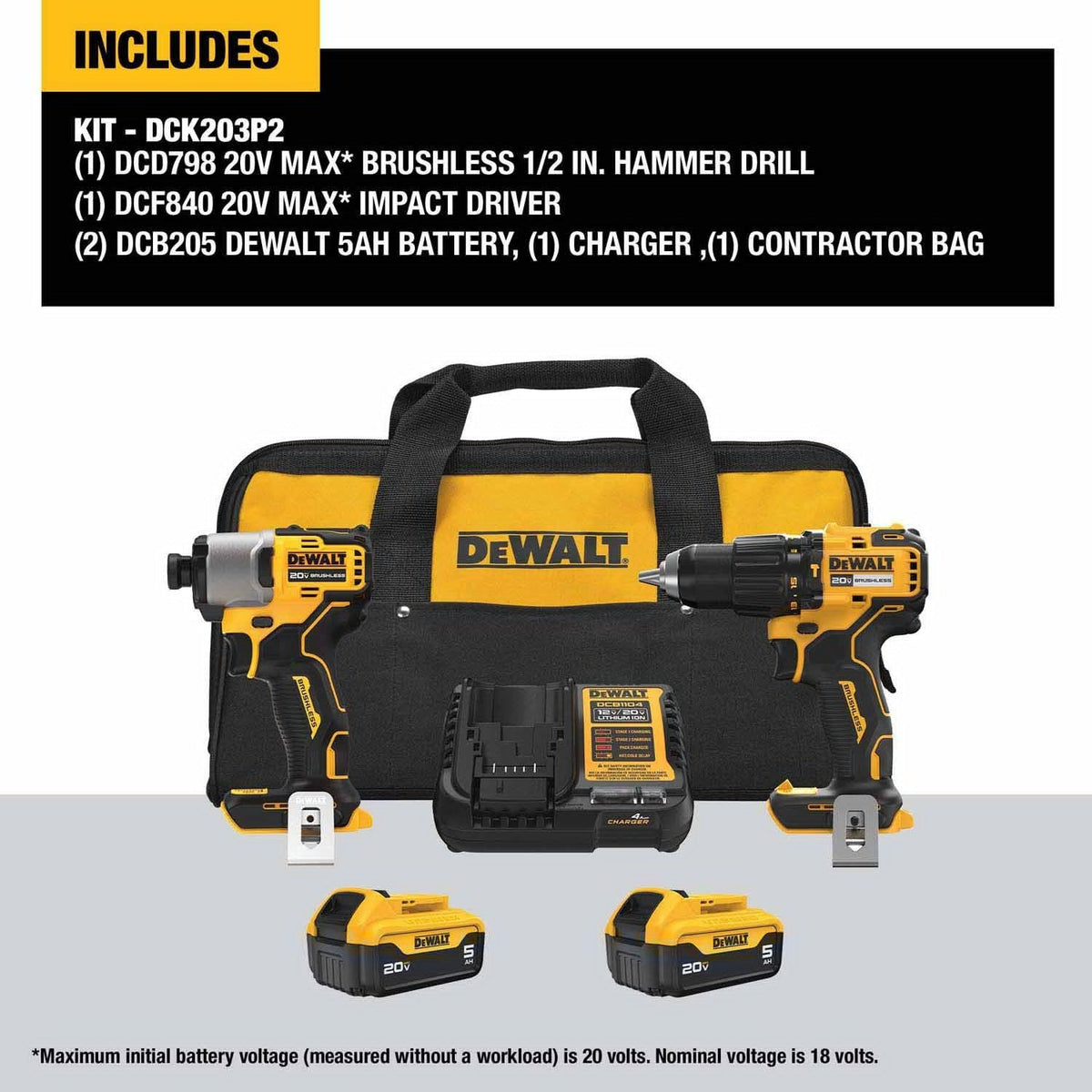 DeWalt DCK203P2 20V MAX 2-Tool Hammer Drill/Impact Combo Kit with Batteries and Charger